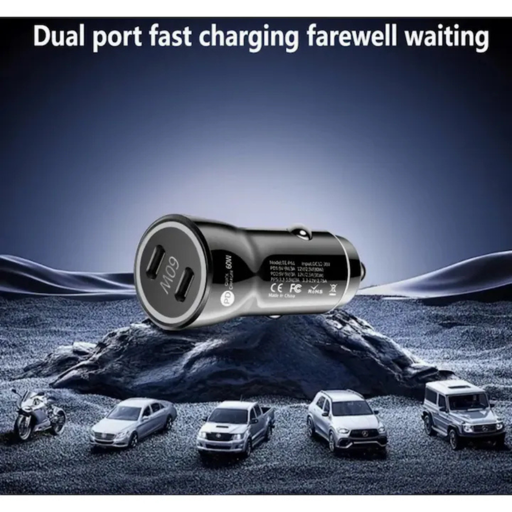 Kit incarcator auto Dual USB-C-C 60W Fast Charger