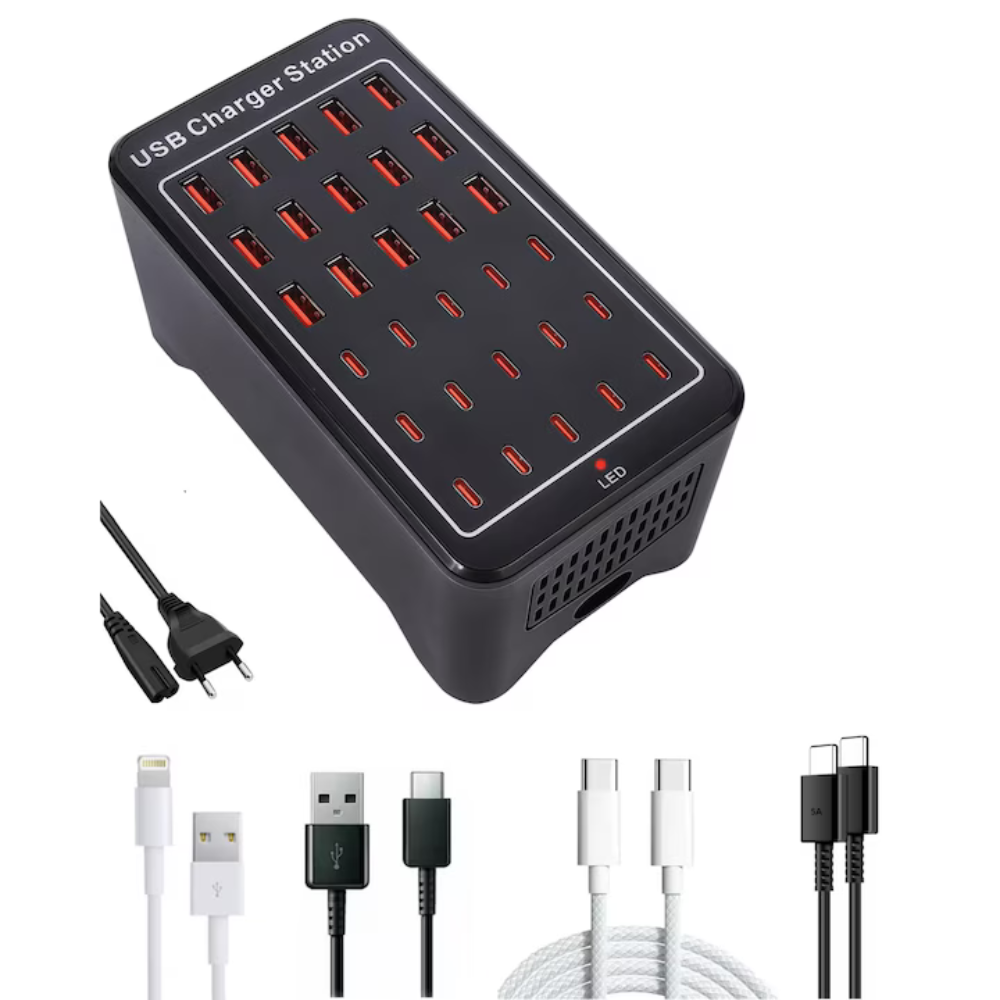 Statie de incarcare USB 150W, QUANDES, 30 porturi, 15 USB-A si 15 USB-C, racire cu ventilatie, 160x87x75mm, 2 cablu date C-C, 1 Cablu date USB A-C, 1 cablu date USB A Light