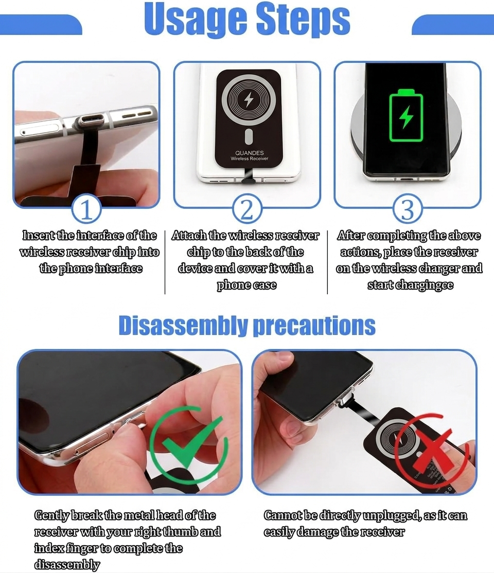 Incarcator Wireless, Quandes®, 10W, 2A, Quick Charge 3.0, Receiver Wireless Type C, USB C, incarcare rapida pentru telefoane mobile, negru - imagine 9