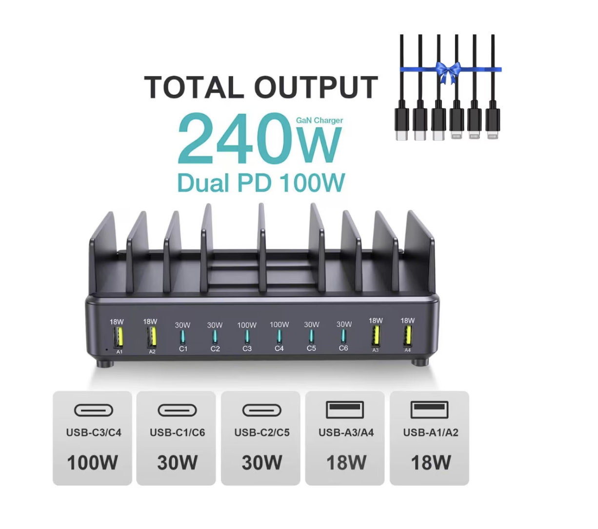 Kit Statie de Incarcare rapid 240W, GaN PD cu 10 porturi, 2 porturi 100W, 4 porturi 30W, 4 porturi USB-A de 18W, pentru MacBook, iPhone 17, 16, 15, Samsung, laptop, 3 cablu C-C, 3 Cablu C-Ligt 20cm