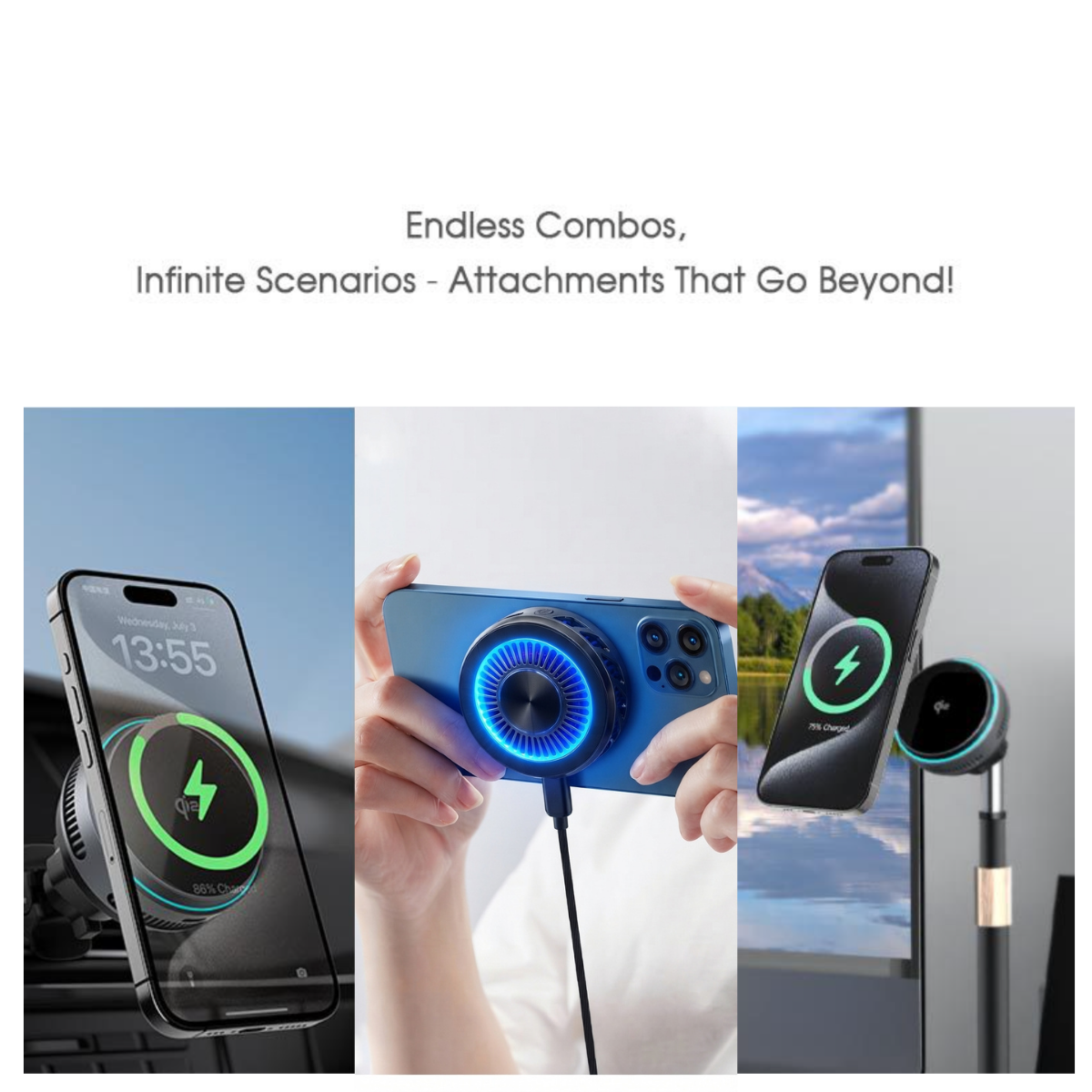 Set 4 in1 Incarcator wireless 25W, Qi2.2 cu iluminare RGB, 25W, prindere ventilatie cu magnet, QUANDES TEC COOLING, sistem racire activa, adaptor auto45w, Suport portabil reglabil pentru pentru birou - imagine 22