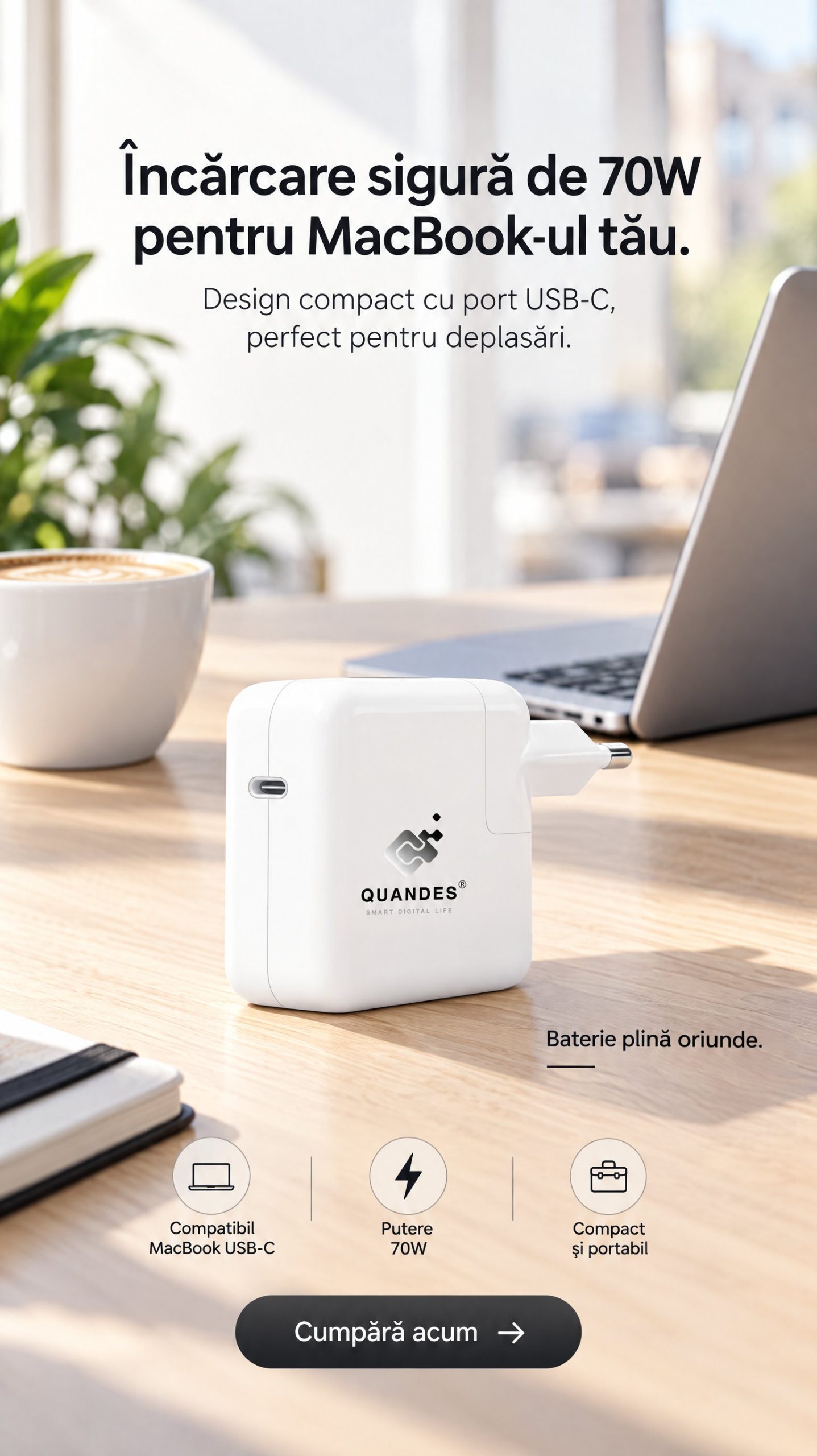 Incarcator retea QUANDES  compatibil Apple pentru MacBook USB-C, 70W