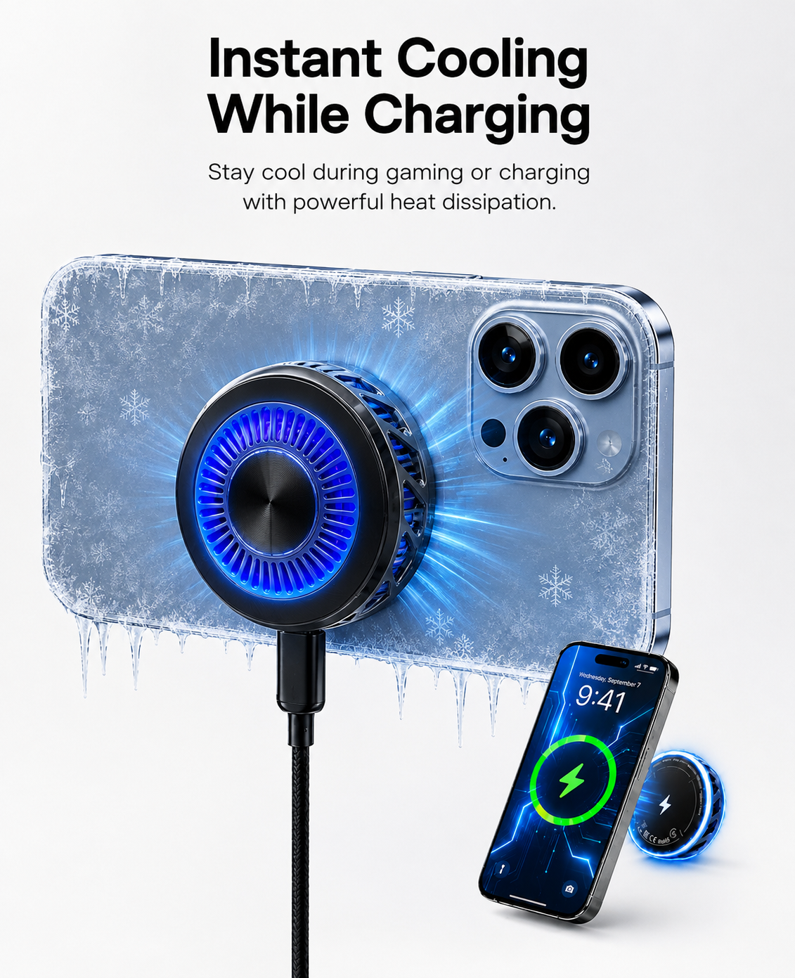 Set 4 in1 Incarcator wireless 25W, Qi2.2 cu iluminare RGB, 25W, prindere ventilatie cu magnet, QUANDES TEC COOLING, sistem racire activa, adaptor auto45w, Suport portabil reglabil pentru pentru birou - imagine 21