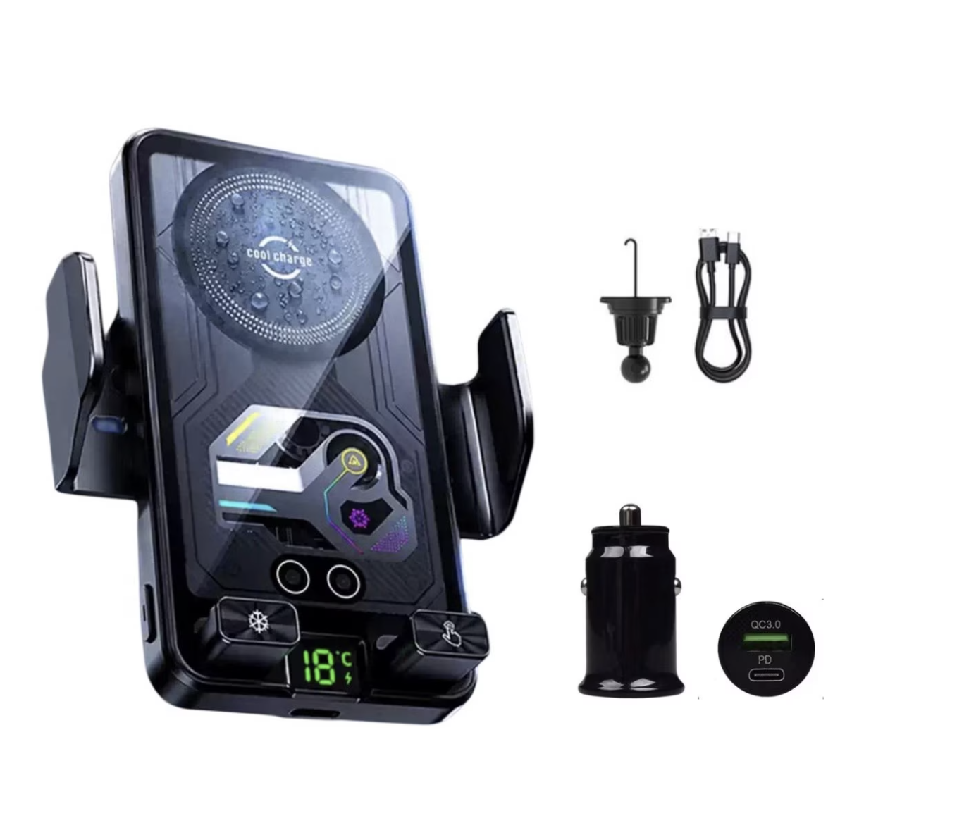 Set incarcator Auto wireless de 15W, Adaptor Auto 18w, sistem de racire si fixare automata prin senzor magnetic, rotatie la 360°, compatibil cu iPhone 18/17/16/15/14/13/12